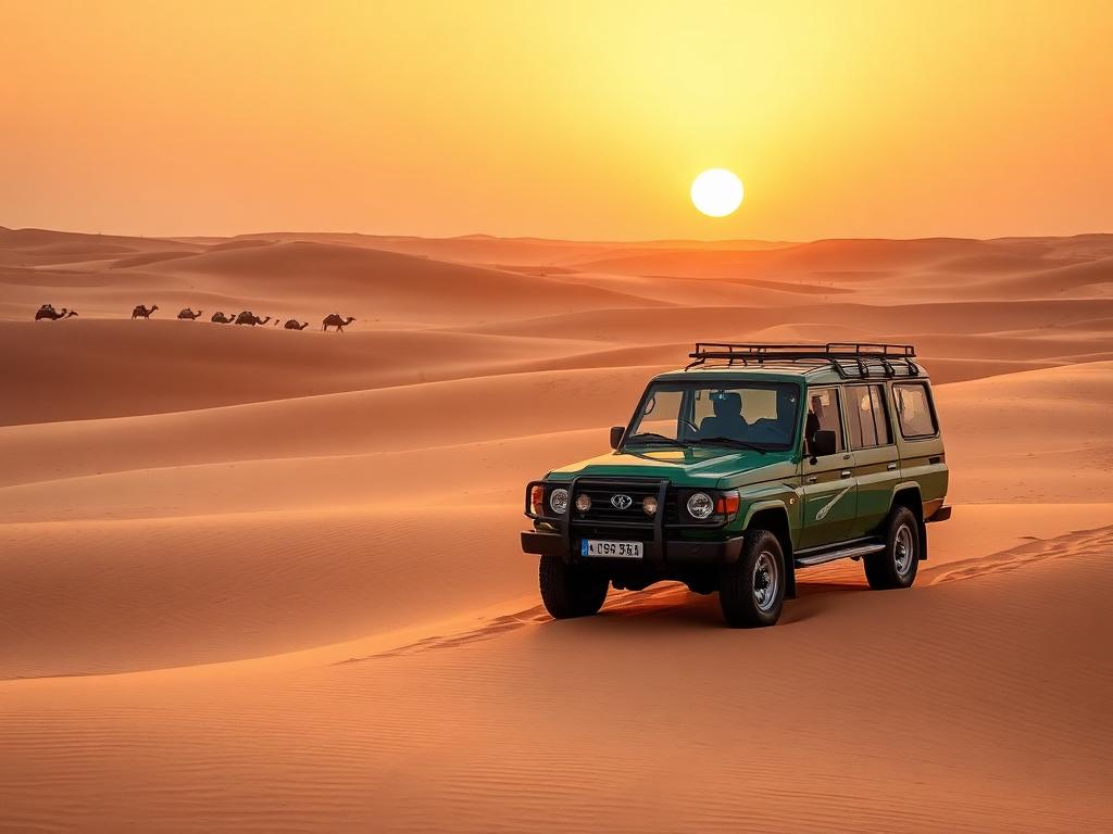 Desert safari 4x4 on the dunes outside Dubai at sunset