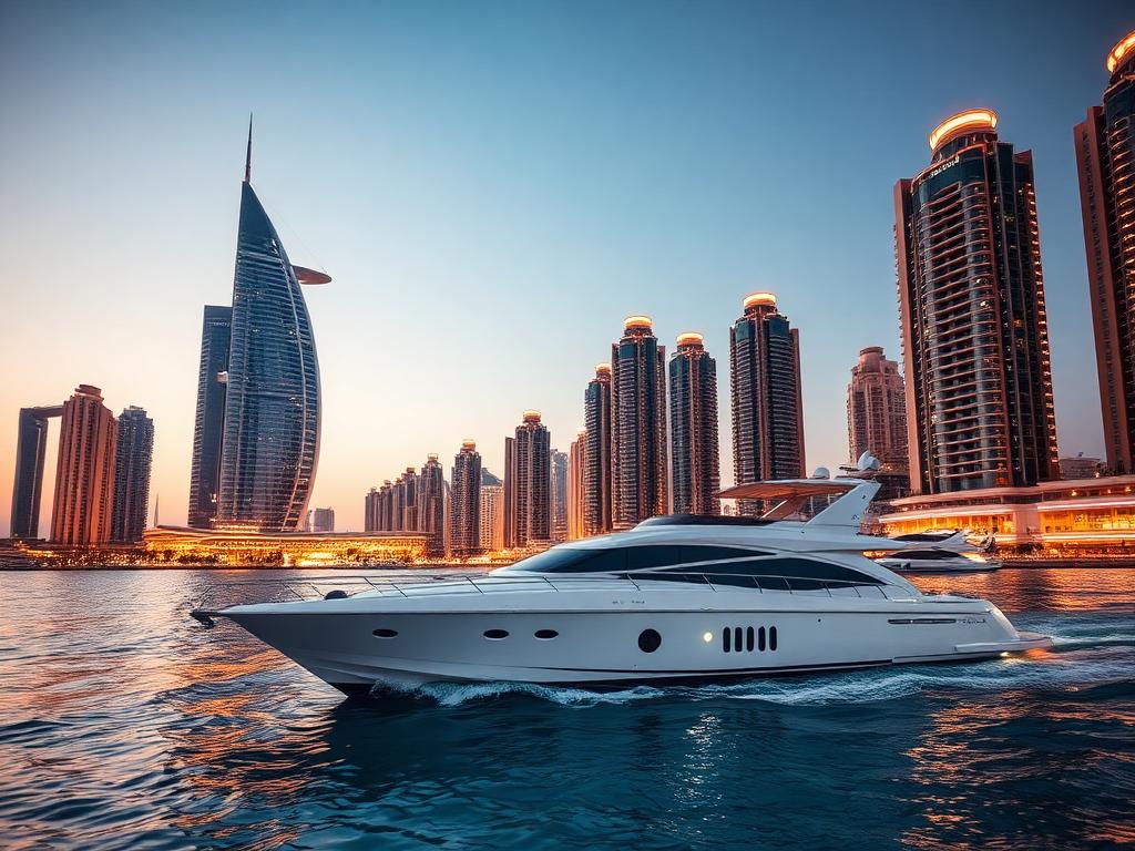 Luxury yacht cruising past the Dubai Marina skyline at dusk