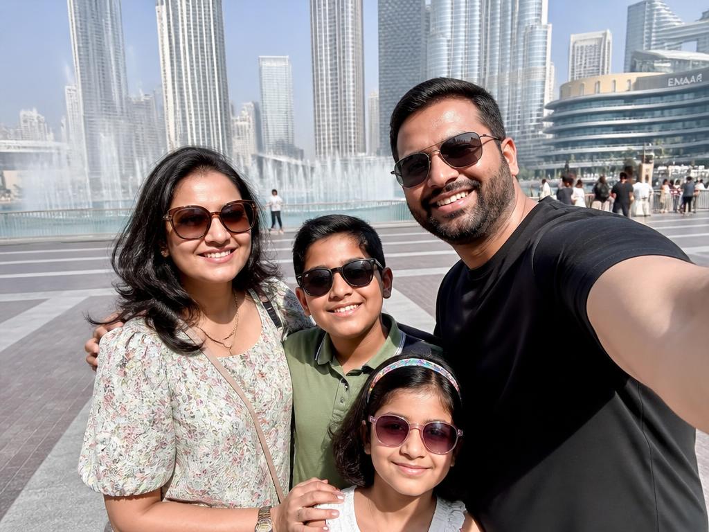 A happy Indian family on holiday in Dubai near the fountains